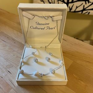 Genuine Pearl Necklace Set with Sparkle Earrings